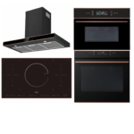 كالمي يو إس إيه - CALMBEE USA - بكج اجهزة مطبخ بلت ان باللون الاسود الملكي مرصع باللون الذهبي - فرن 60 سم 9 وظائف - ميكرويف بلت ان 45 لتر مقاس 60*45 سم - سطح 5 شعلات اندكشن 90 سم - شفاط حرف تي T مقاس 90 سم