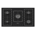بولم BULM – سطح بلت إن غاز إيطالي 90 سم ستانلس ستيل، 5 شعلات غاز مع شعلة مزدوجة دبل، لون أسود كامل، مفاتيح أمامية، إشعال ذاتي، دعامات أواني وحامل مقلاة من الحديد الزهر، حساس أمان كامل – موديل B95-902NERO