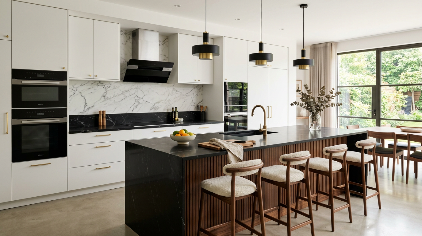 Modern kitchen with white cabinets, black marble island, wooden bar stools, and large window.